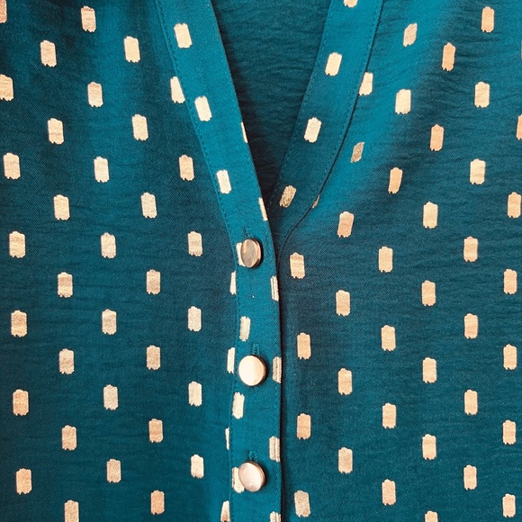 Sz XL Green Gold Glitter Dots Open Split Buttoned V Neck Pullover Blouse - Picture 2 of 8